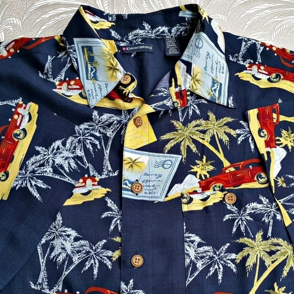 Vintage 80s 2XL Knightsbridge Hawaiian Aloha Vintage Cars and Palms Shirt - Picture 4 of 5